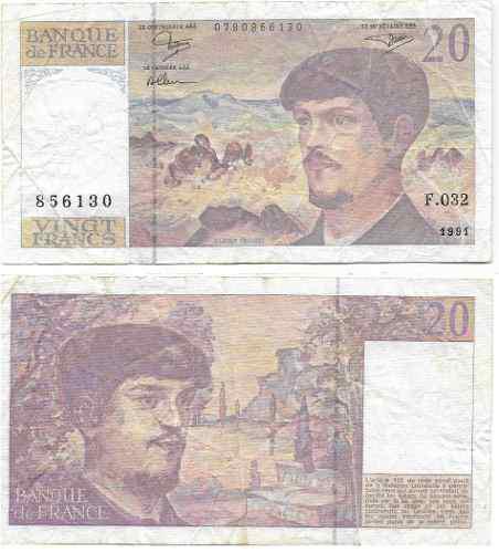 Billete Francia 20 Francos 1991 Papel Moneda Usado Circula