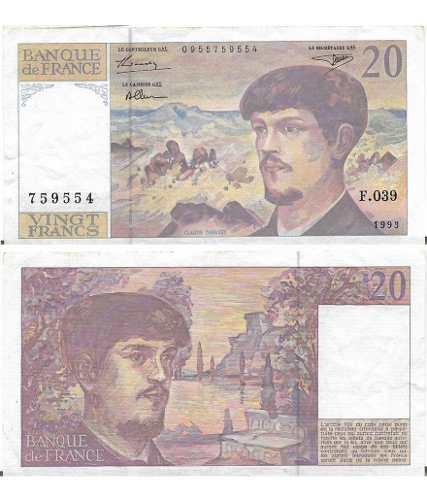 Billete Francia 20 Francos 1993 Papel Moneda Usado Circula