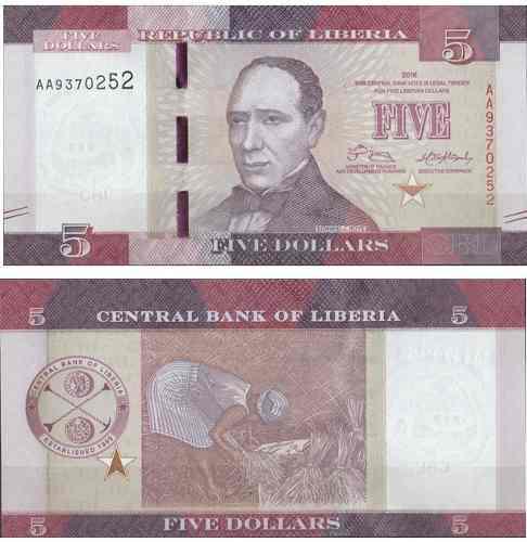 Billete Liberia 5 Dólares 2016 Papel Moneda Unc