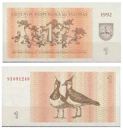 Billete Lituania 1 Talona 1992 Papel Moneda Unc