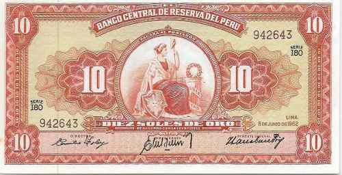 Billete Perú 10 Soles Oro 1962 Serie I80, Papel Moneda Unc
