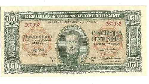 Billete Uruguay 50 Centesimos 1939 Papel Moneda Usado