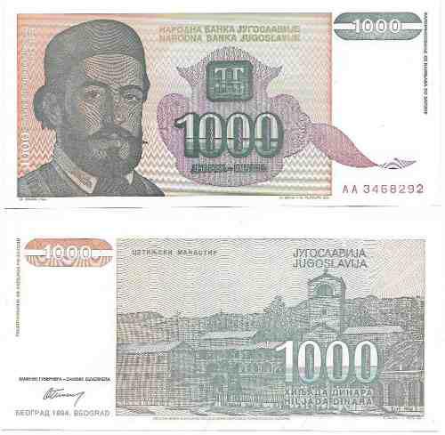 Billete Yugoslavia 1.000 Dinara 1994 Papel Moneda Unc