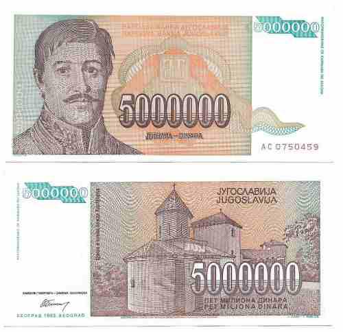 Billete Yugoslavia 5.000.000 Dinara 1993 Papel Moneda Unc