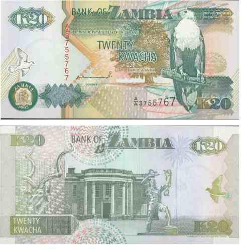 Billete Zambia 20 Kwacha 1992 Papel Moneda Unc