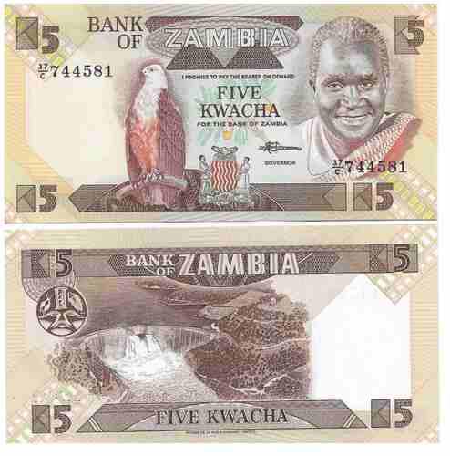 Billete Zambia 5 Kwacha 1986/1988 Papel Moneda Unc