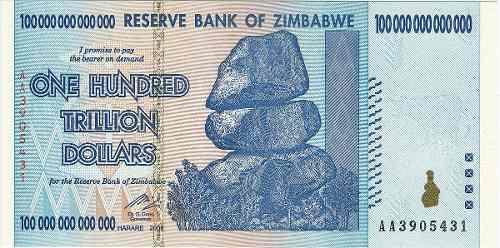 Billetes Zimbabwe Trillones, Quintillones, Decillon
