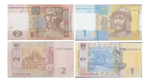 Duo Billetes Ucrania 1 Y 2 Grivna 2014 Papel Moneda Unc