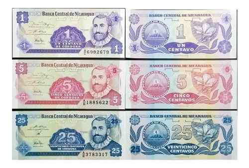 Trio Billetes Nicaragua, Centavos Cordoba Papel Moneda Unc