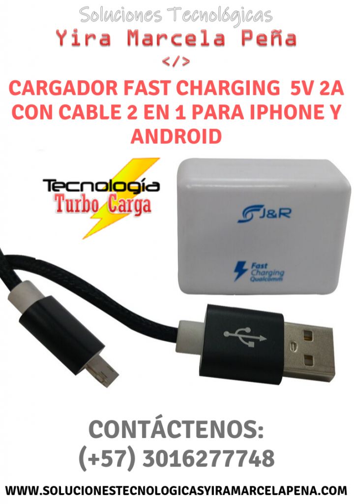 Cargador Fast Charging 5V 2A Con cable 2 en 1 Para Iphone y