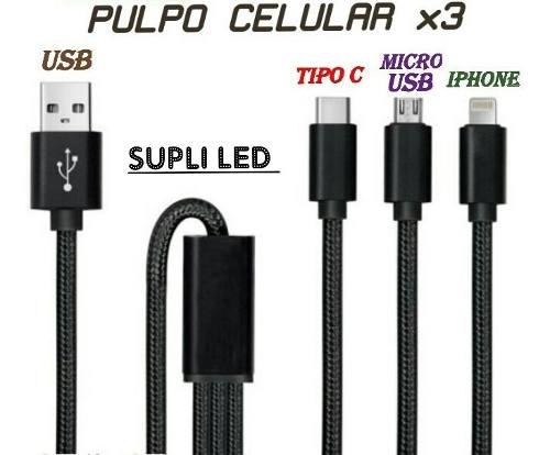Cable Usb Celular 3en1 2.1a Tipo C Micro iPhone Pulpo Supli
