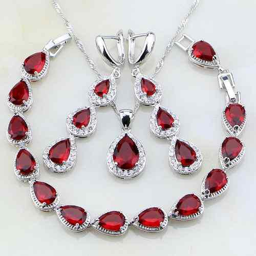 Juego De Plata 925 Dije, Collar, Aretes Y Pulsera Joyas Rojo