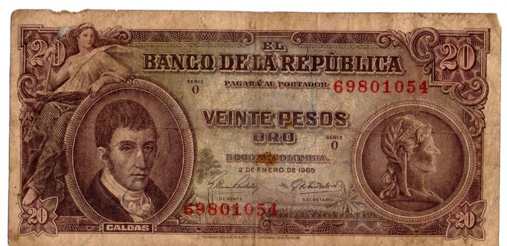 BILLETE ANTIGUO DE COLOMBIA 20 PESOS DE 