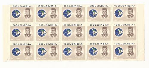 Kennedy Usa Bloque De 15 Estampillas Colombia Never Used