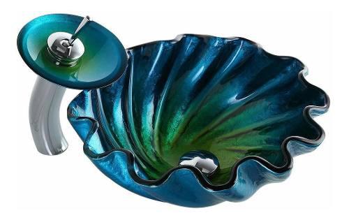 Kunmai Blue&green Seashell Wave Tempered Glass Vessel Sink &