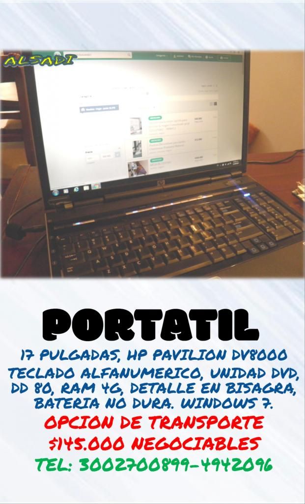 PORTATIL HP PANTALLA 17 PULGADAS DETALLE EN VISAGRA ALSADI