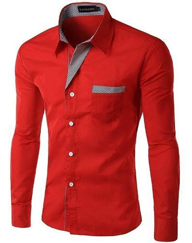 Camisa Color Rojo Nueva Elegante Hombre Manga Larga Moderna