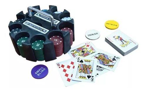 Set De Poker Con Base Giratoria 200 Fichas Marcadas 2 Naipes