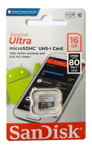 Tarjeta Microsdhc 16gb Sandisk Ultra Uhs-i Clase10 80mb/s