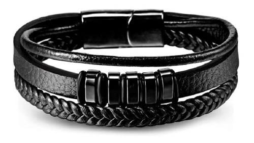 Pulsera Manilla Brazalete Black Cuero Y Acero Hombre