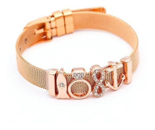 Pulsera Mujer Acero Inoxidable Oro Rosa Dijes Elegante