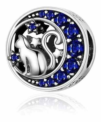 Charm Dije Gato Luna Azul Fabricado En Plata 925