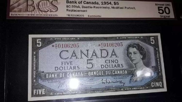 Billete 5 Dollars Canada 1954 * Reposicion
