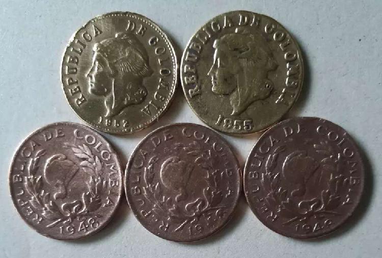 Vendo lote de 5 monedas de 2 centavos de Colombia desde 1948
