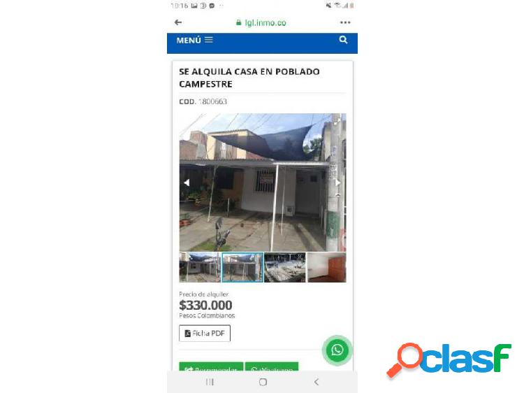 SE ALQUILA CASA 1 PISO EN POBLADO CAMPESTRE $330