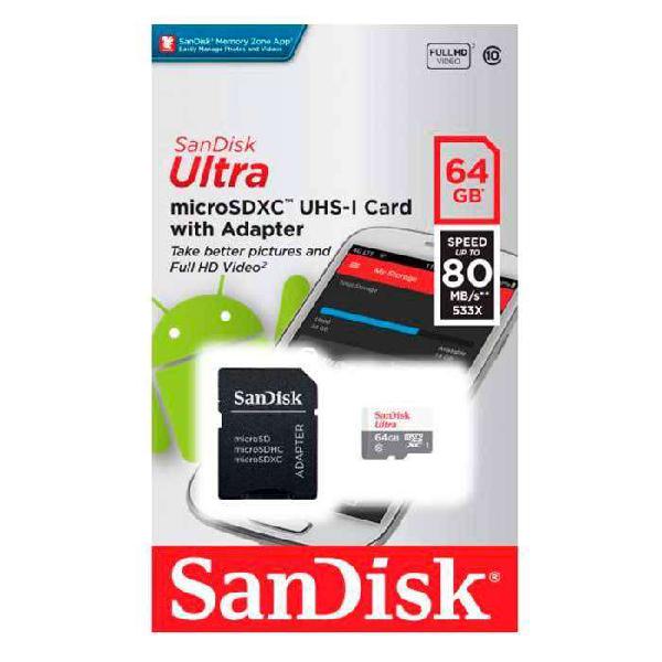 Memoria Micro Sd Sandisk 64gb Clase 10 de 80mb/s Original