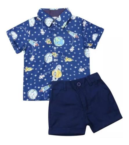 Conjunto Niño Astronauta Naves Planetas Azul Camisa Bermuda