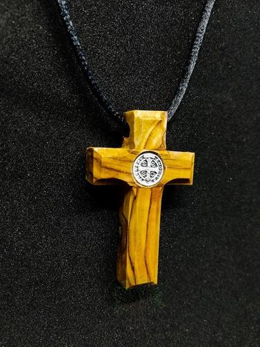 Collar Cruz Medalla San Benito Madera De Olivo Jerusalén
