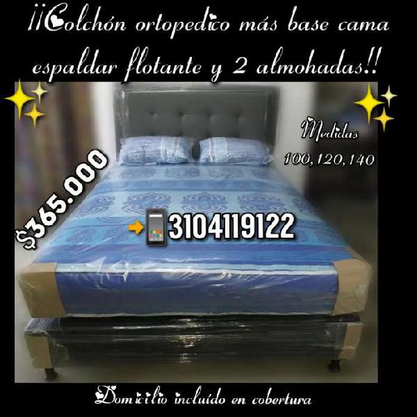 Base cama más Colchón ortopedico espaldar y 2 almohadas