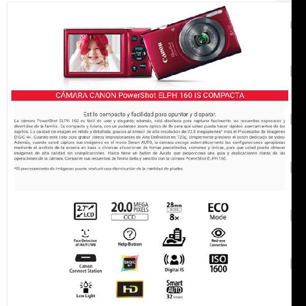 Se vende cámara Canon ELPH160 en buen estado y con todos