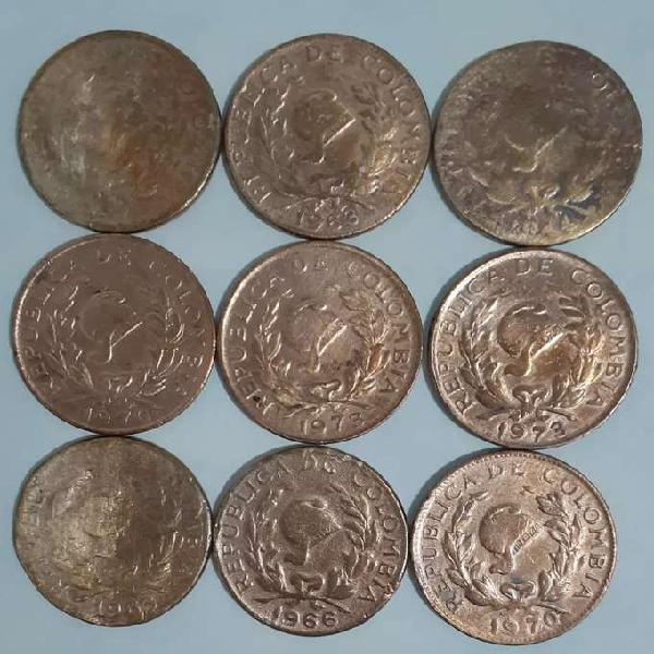 Vendo lote de 9 monedas de 5 centavos antiguas de Colombia