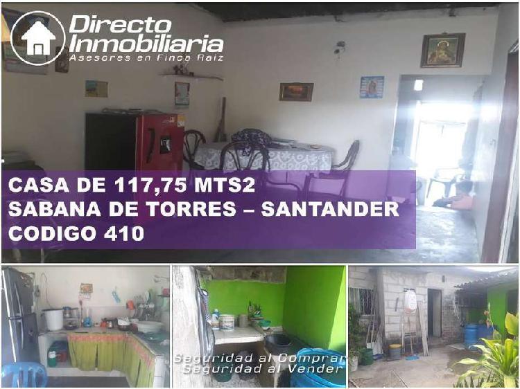 CASA EN VENTA EN SABANA DE TORRES - SANTANDER AREA 117,75