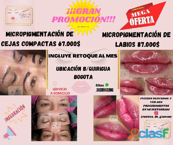 Micropigmentación de cejas compactas y labios