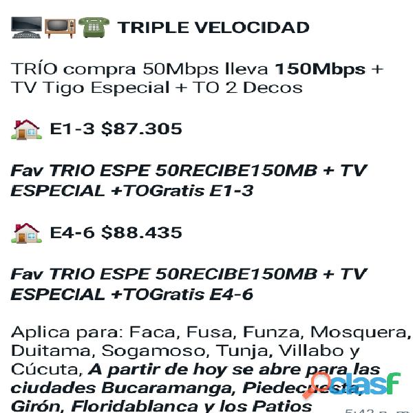 Tigo Televisión más internet 150 megas y teléfono