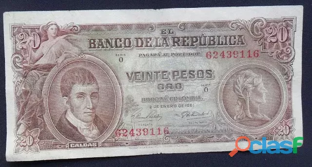 Colombia Billete 20 Pesos 1961 P#402 Serie O