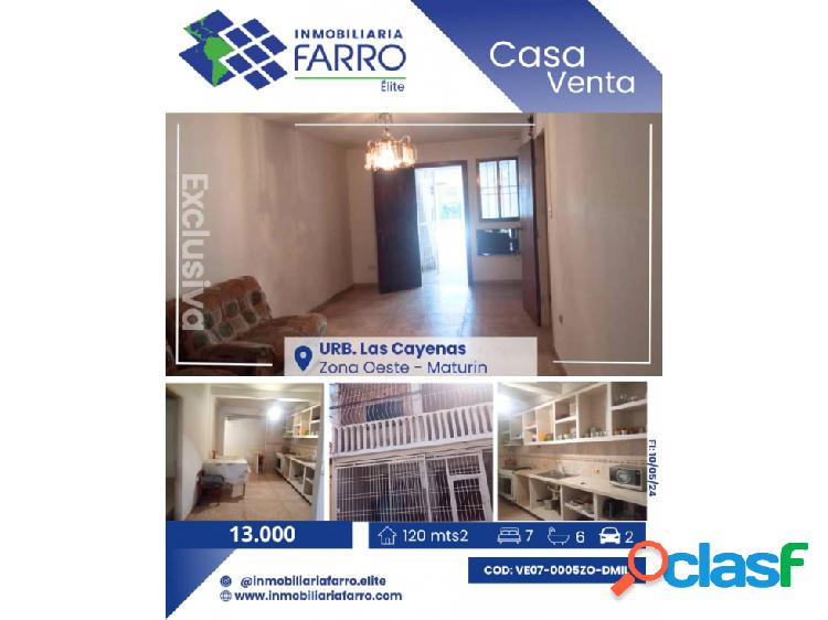 SE VENDE CASA EN URB LAS CAYENAS ZONA OESTE VE07-0005ZO-DMIL