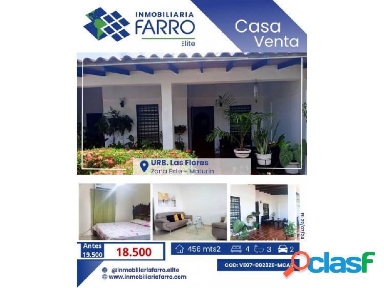 SE VENDE CASA EN URB LAS FLORES MATURIN VE07-0023ZE-MCAR