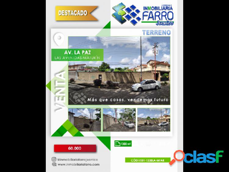 SE VENDE TERRENO AV. LA PAZ DE MATURIN VE01-1338LA-MFAR