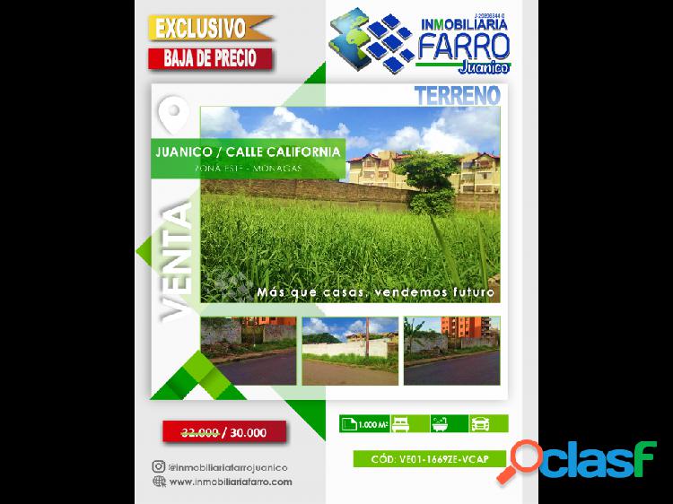 SE VENDE TERRENO CALLE CALIFORNIA JUANICO VE01-1669ZE-VCAP