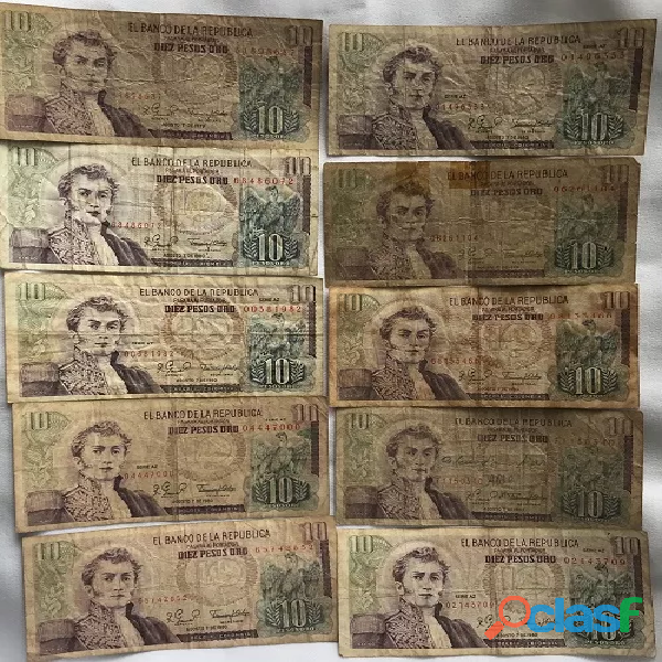 COLOMBIA BILLETES DE 10 PESOS lote de 10 unds Regular estado