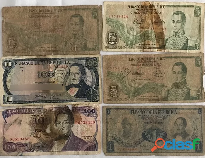 Colombia Lote Billetes 1 5 100 Pesos Circulado Regular